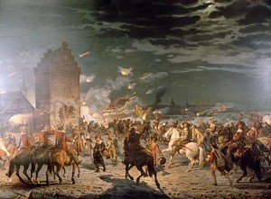 Stormen på København natten til den 11. februar 1659. Billedet hænger på Frederiksborgmuseet.